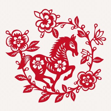 剪紙風(fēng)駿馬花卉裝飾圖案