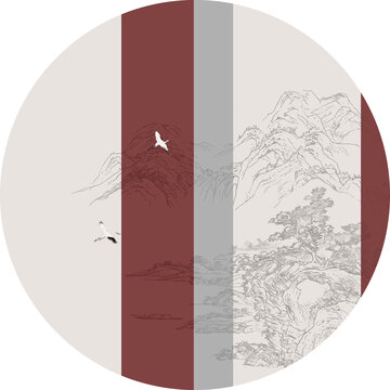 中式圓形線描瑞鶴圖國(guó)畫山掛畫