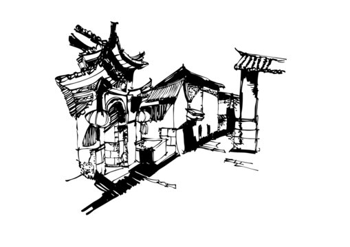 古鎮(zhèn)老街手繪大理白族自然村線稿
