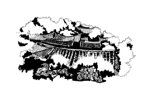 村落風(fēng)景鋼筆畫崇武古城村寨矢量圖