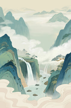 水墨風(fēng)山水瀑布寫意美景