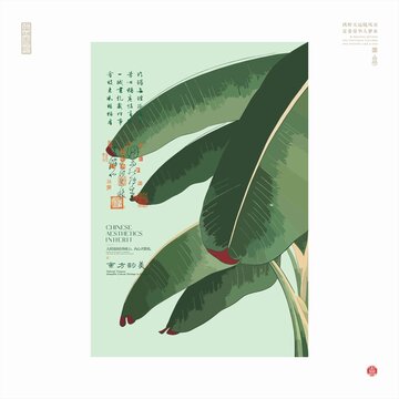 中式風芭蕉葉插畫海報