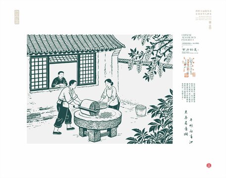 傳統(tǒng)場景中的石磨勞作畫面