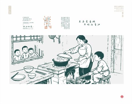 傳統(tǒng)廚房中的溫馨親子場景