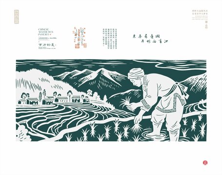 中式田園插秧勞作圖景
