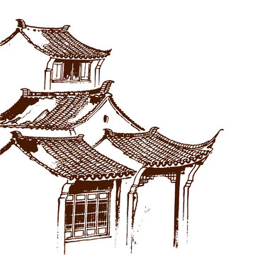 江南水鄉(xiāng)古民居屋檐屋頂插圖水墨畫矢量圖