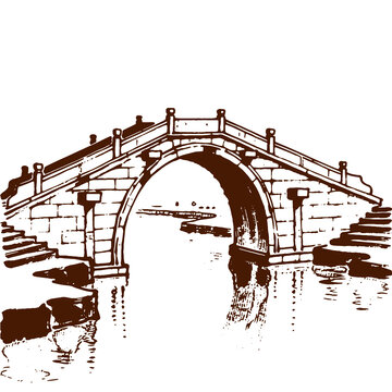 古風(fēng)單拱石橋水墨畫江南水鄉(xiāng)古鎮(zhèn)拱橋矢量圖