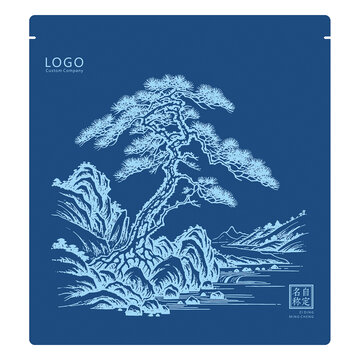 山水松樹包裝袋手繪線稿矢量圖長壽松紋理圖