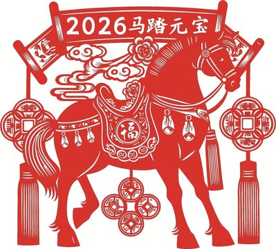 2026馬踏元寶剪紙風(fēng)圖案