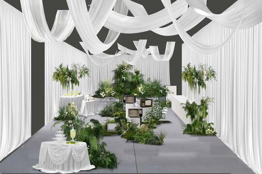 白色系綠植風(fēng)婚禮通道效果圖