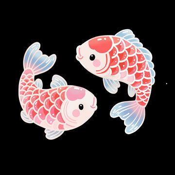 可愛雙錦鯉卡通插畫