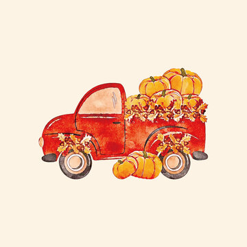載滿南瓜的紅色復(fù)古小卡車秋天