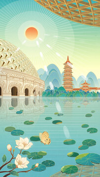 牛首山南京熱門景點文創(chuàng)插畫