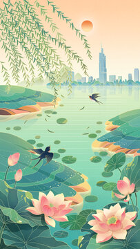 玄武湖南京熱門景點文創(chuàng)插畫