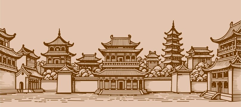 古建筑山水背景