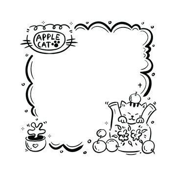 可愛蘋果貓黑白便簽可印刷邊框插畫素材