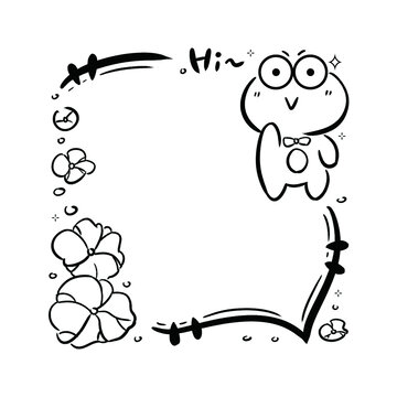 卡通青蛙花卉邊框插畫黑白便簽圖案可印刷