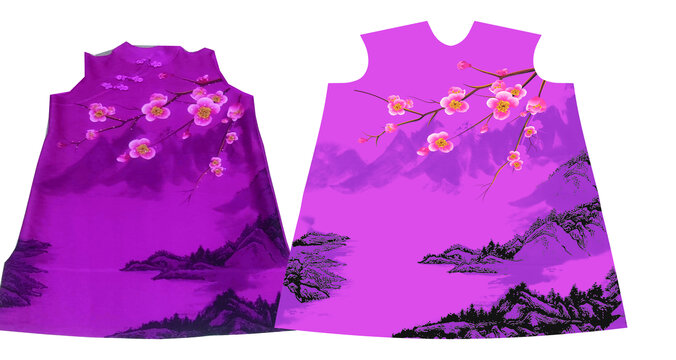 紫底山水梅花圖案無袖服飾