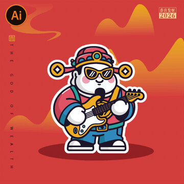 潮流嘻哈風(fēng)財(cái)神彈吉他插畫矢量圖案貼紙