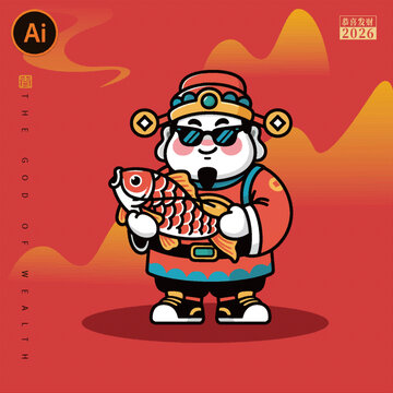 卡通財神爺持錦鯉賀歲財神爺插畫海報