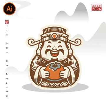 可愛卡通風(fēng)格的財神形象插畫貼紙窗花圖案