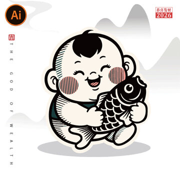 可愛矢量福娃抱錦鯉喜慶形象貼紙掛件