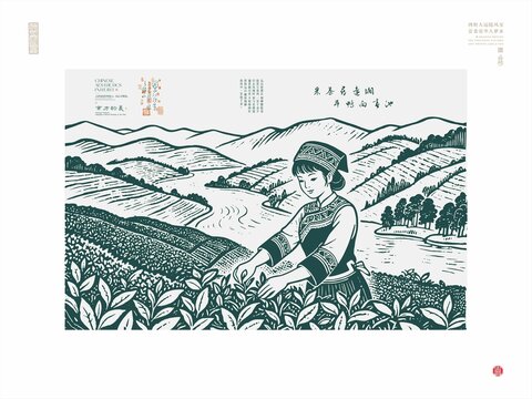 少數(shù)民族姑娘茶園采茶圖