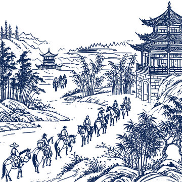 古代茶馬古道手繪線稿矢量圖普洱茶包裝背景