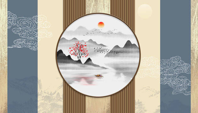 新中式輕奢水墨山水畫背景墻