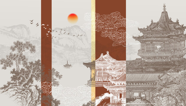中式樓閣山水畫刺繡背景壁畫