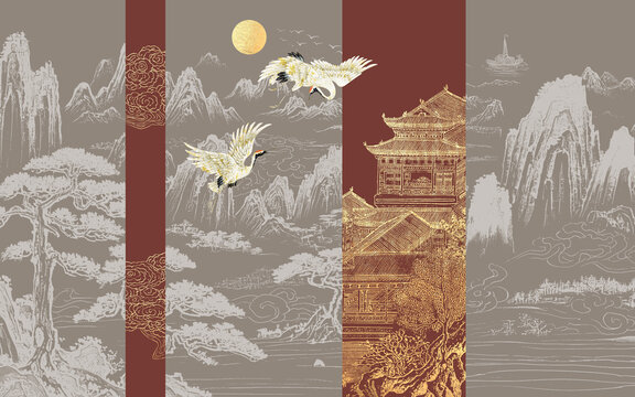 中式輕奢仙鶴山水刺繡背景墻