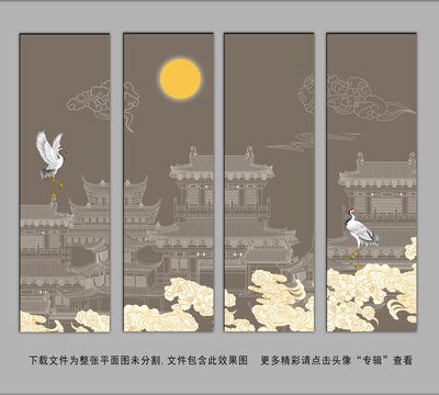線描描金樓閣山水框畫