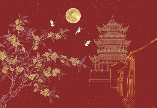 金箔肌理描金建筑畫