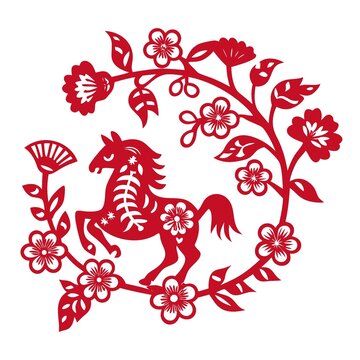 剪紙風(fēng)紅色駿馬花卉圖案