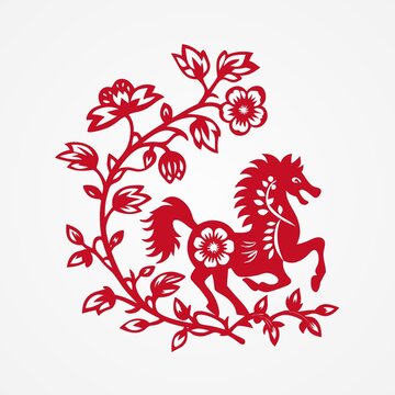 剪紙風(fēng)奔騰駿馬花卉圖案