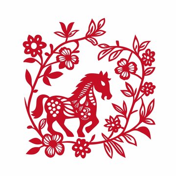 剪紙風花卉環(huán)繞駿馬圖案