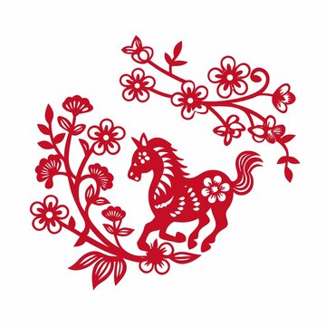剪紙風駿馬與花卉圖案