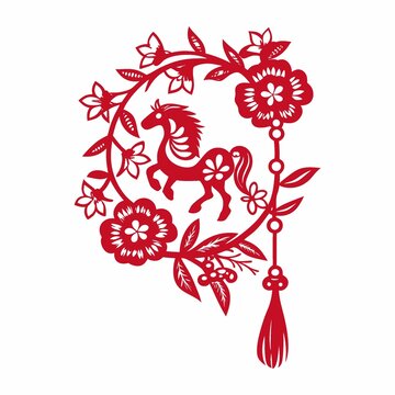 剪紙風(fēng)花卉環(huán)繞奔騰駿馬