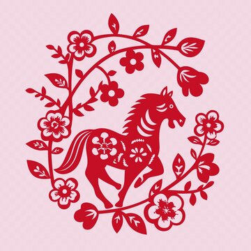 剪紙風(fēng)奔騰駿馬花卉圖案