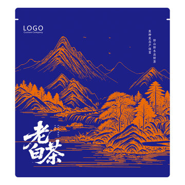 中國風老白茶包裝密封袋設計模板山水畫插畫