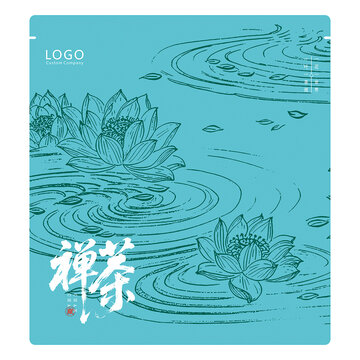禪茶主題茶餅手提袋設計模板荷花水波插畫