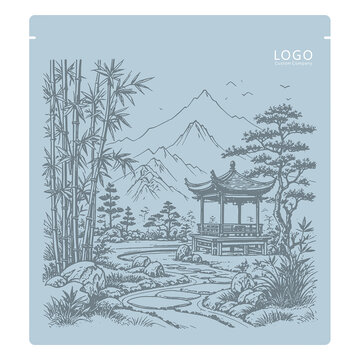 中國(guó)風(fēng)手提袋包裝設(shè)計(jì)山水亭景線描矢量圖