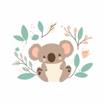 可愛考拉與花草元素插畫