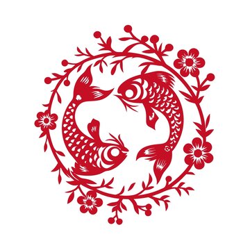 傳統(tǒng)剪紙雙錦鯉花卉圖案