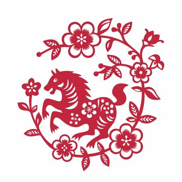 剪紙風(fēng)生肖馬花卉圖案
