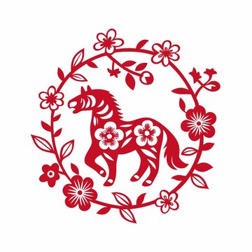 剪紙風駿馬繁花圖案