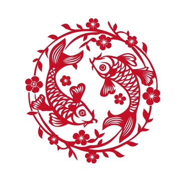 雙錦鯉剪紙花卉圓形圖案