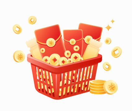 購物籃裝滿金幣和紅包