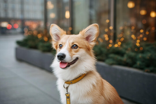 城市街道上的可愛威爾士柯基犬