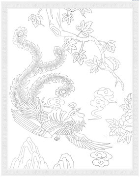 傳統(tǒng)鳳凰花鳥白描圖案